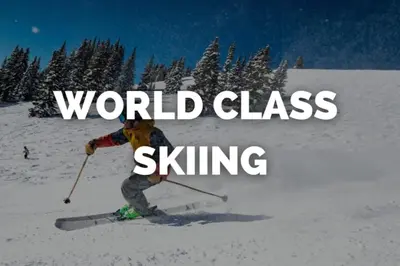 a person on skis in the snow with words world class skiing at Skyline House An Eco Efficient Luxury Home in Denver