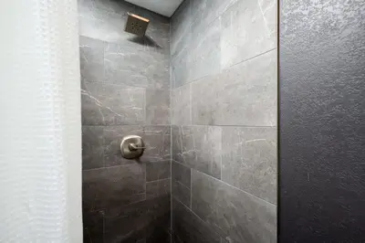 a shower with a glass door in a bathroom at Artist Getaway In Downtown Westminster in Westminster