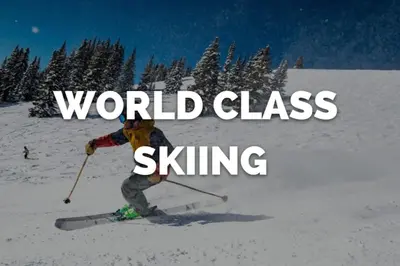a person on skis in the snow with words world class skiing at Private Chic 2 Bathroom 10 min to Downtown With Fast Wifi in Denver