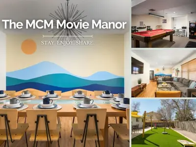 a collage of pictures of a mcm movie manor at The MCM Movie Manor With A Big Backyard And A Movie Theater in Arvada