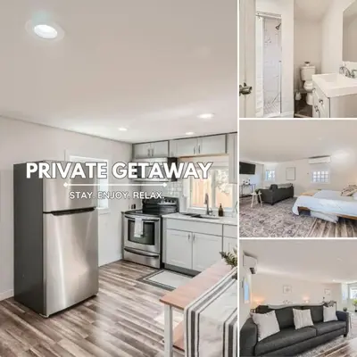 a collage of photos of a kitchen and a living room at Pet Friendly Carriage House Near Red Rocks And Regis in Denver
