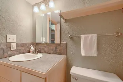 a bathroom with a sink and a mirror and a toilet at Pet Friendly With A Fireplace A Pool Near Mountain Biking And Skiing in Silverthorne