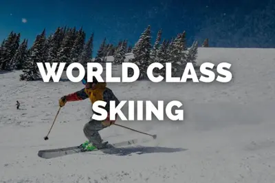 a person on skis in the snow with words world class skiing at Capital Hill Condo 5 star location With Balcony in Denver