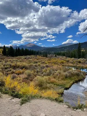 a river in a field with mountains in the background at Luxury condo with stunning views! in Fraser