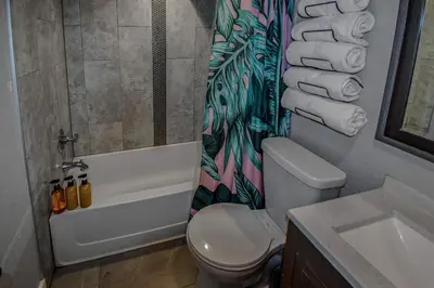 a bathroom with a toilet and a sink and a shower at 3 bed home with huge yard near Hidden Lake in Denver