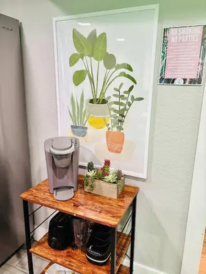 a table with a coffee maker and potted plants on it at 3 bed home with huge yard near Hidden Lake in Denver