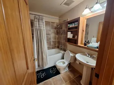 a bathroom with a toilet and a sink and a tub at 3BR Red Hawk Townhome - Gondola Access townhouse in Keystone