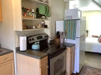 a small kitchen with a refrigerator and a stove at Charming Studio Apartment in the Heart of Golden in Golden