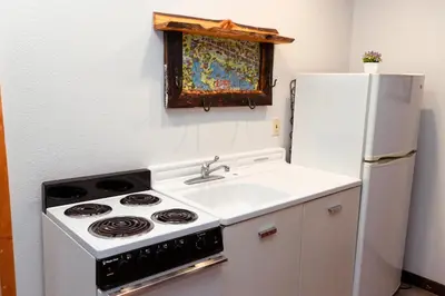 a kitchen with a stove and a sink and a refrigerator at Black Bear Studio in Tranquil Courtyard by Grand Luxe in Grand Lake