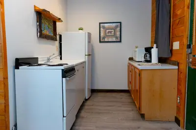 a kitchen with a white refrigerator and a sink at Black Bear Studio in Tranquil Courtyard by Grand Luxe in Grand Lake