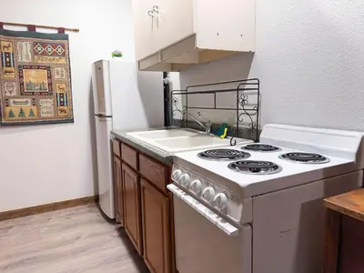 a kitchen with a stove and a sink and a refrigerator at Grand Lake Haven in town, Osprey Studio Cabin in Grand Lake