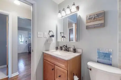a bathroom with a sink and a toilet and a mirror at Spacious Family Home with King Beds and Big Yard in Denver