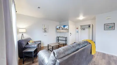 a living room with a couch and two chairs at Spacious two bedroom apartment near DIA in Brighton