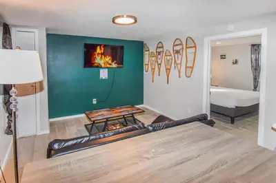 a living room with a couch and a fire in the wall at Cozy two bedroom basement unit near light rail in Denver