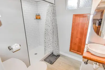 a bathroom with a shower with a sink and a toilet at Cozy two bedroom basement unit near light rail in Denver