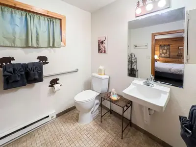 a bathroom with a white toilet and a sink at Kinnikinnick Retreat Steps from the Lake and Board walk, 5 min drive to RMNP. in Grand Lake