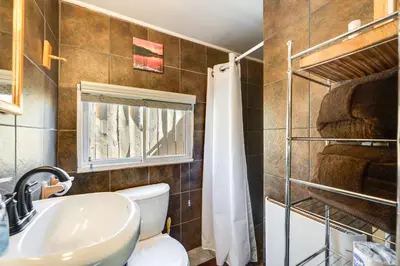 a bathroom with a toilet and a sink at 4 Mi to Downtown Estes Park Nature Retreat in Drake