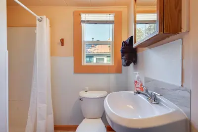 a bathroom with a toilet and a sink and a window at Private Hot Tub and Deck Romantic Getaway in Drake in Drake