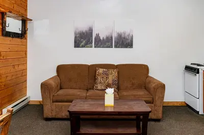 a living room with a couch and a coffee table at Elk Run cabin steps to lake, In town, 5 min to RMNP in Grand Lake