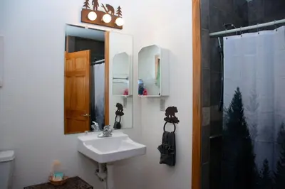 a bathroom with a sink and a mirror and a shower at Hummingbird Heaven Cozy Cabin 1 Block to Lake, located in Town in Grand Lake