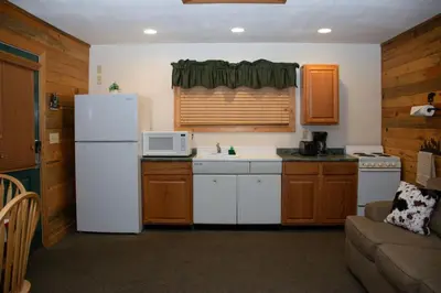 a kitchen with a white refrigerator and a microwave at Hummingbird Heaven Cozy Cabin 1 Block to Lake, located in Town in Grand Lake