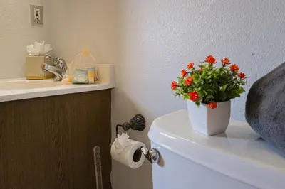 a bathroom with a toilet with a vase of flowers on it at Columbine Charming Cabin, 1 block from the lake, in town, 5 min to RMNP in Grand Lake