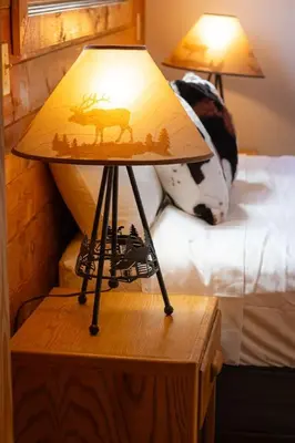 a lamp on a night stand with a deer lamp at Columbine Charming Cabin, 1 block from the lake, in town, 5 min to RMNP in Grand Lake