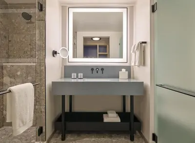 a bathroom with a sink and a mirror at Limelight Boulder in Boulder