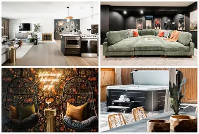 a collage of four pictures of a living room and kitchen at Luxe Home with Hot Tub Movie Room and Firepit Near Denver in Arvada