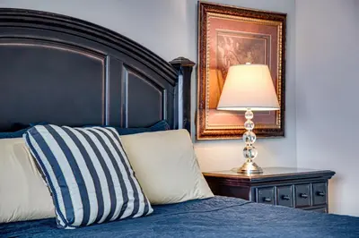 a bed with a pillow and a lamp on a table at 5 bed 4 bath and Pet friendly in Erie