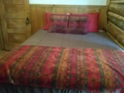 a bed in a room with a colorful comforter at Colorado Cabin Adventure in Grand Lake