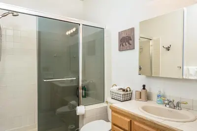 a bathroom with a shower and a toilet and a sink at 5 Bedroom Whole Home with Mountain Views in Evergreen