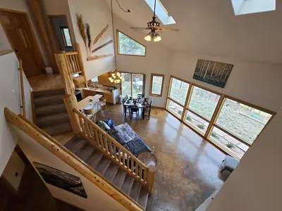 an overhead view of a living room and dining room at Moose Manor in Golden
