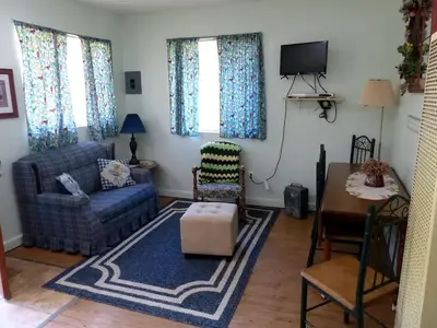 a living room with a couch and a table at Rural Cabin Rental in Gorgeous Poudre Canyon near Fort Collins, Colorado in Fort Collins