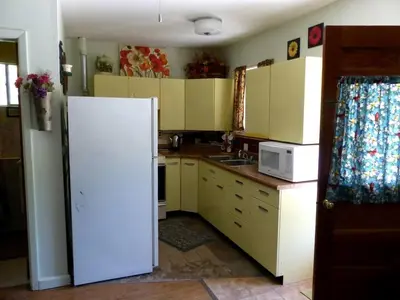 a kitchen with a white refrigerator in a room at Rural Cabin Rental in Gorgeous Poudre Canyon near Fort Collins, Colorado in Fort Collins