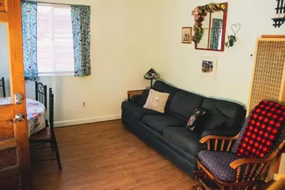a living room with a black couch and two chairs at Rural Cabin Rental in Gorgeous Poudre Canyon near Fort Collins, Colorado in Fort Collins