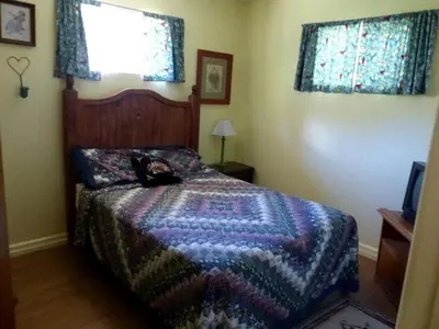 a bedroom with a bed with a colorful blanket on it at Rural Cabin Rental in Gorgeous Poudre Canyon near Fort Collins, Colorado in Fort Collins