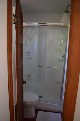 a bathroom with a toilet and a glass shower at Romantic Hideaway Cottage on Clear Creek in Georgetown, Colorado in Georgetown