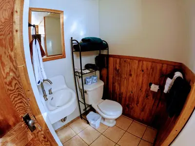 a bathroom with a toilet and a sink and a mirror at Arrowhead in Grand Lake