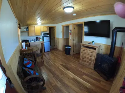 a view of a kitchen and living room of a tiny house at Shadow Mountain in Grand Lake