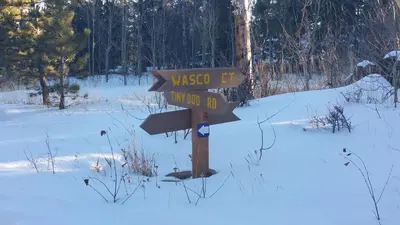 a street sign in the snow with two street signs at Cabin in the Woods in Red Feather Lakes