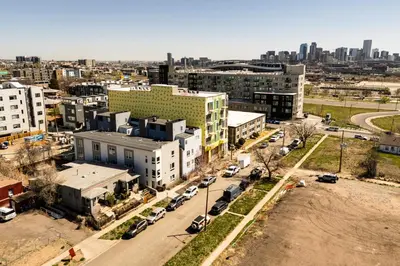 an aerial view of a city with buildings and cars at Walk to Mile High Stadium Modern Denver Townhome in Denver