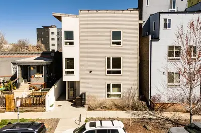an aerial view of a house with a garage at Walk to Mile High Stadium Modern Denver Townhome in Denver
