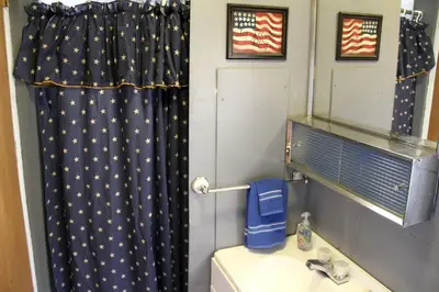 a bathroom with a star shower curtain and a sink at American-Themed Vacation Cabin with a Spacious Deck in Poudre Canyon near Fort Collins, Colorado in Fort Collins