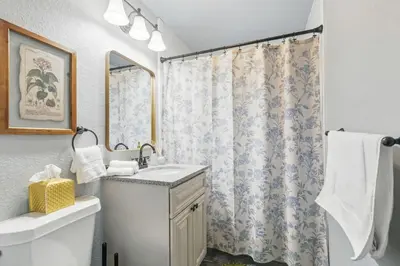 a bathroom with a sink and a shower curtain at Projector Nights And Park Delights Designer Reno in Arvada
