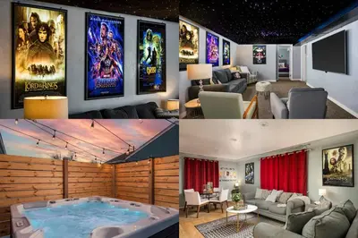 a collage of pictures of a room with a hot tub at Movie Theater + Hot Tub | Game Yard | Sleeps 10! in Arvada