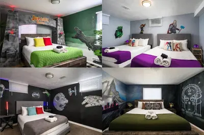 four different pictures of a bedroom with two beds at Movie Theater + Hot Tub | Game Yard | Sleeps 10! in Arvada