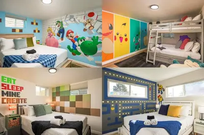 three different pictures of a bedroom with two beds at Mini Golf • Fire Pit • Hot Tub | Game House for 14 in Arvada
