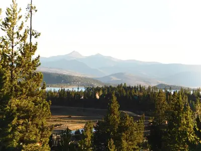 a view of a forest with mountains in the background at Blackhawk in Grand Lake