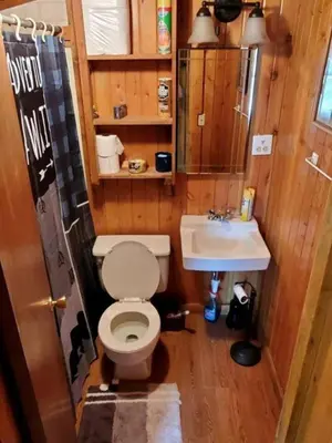 a small bathroom with a toilet and a sink at Beautiful Cabin with Fire Pit and Deck in Foxpark, Wyoming in Foxpark